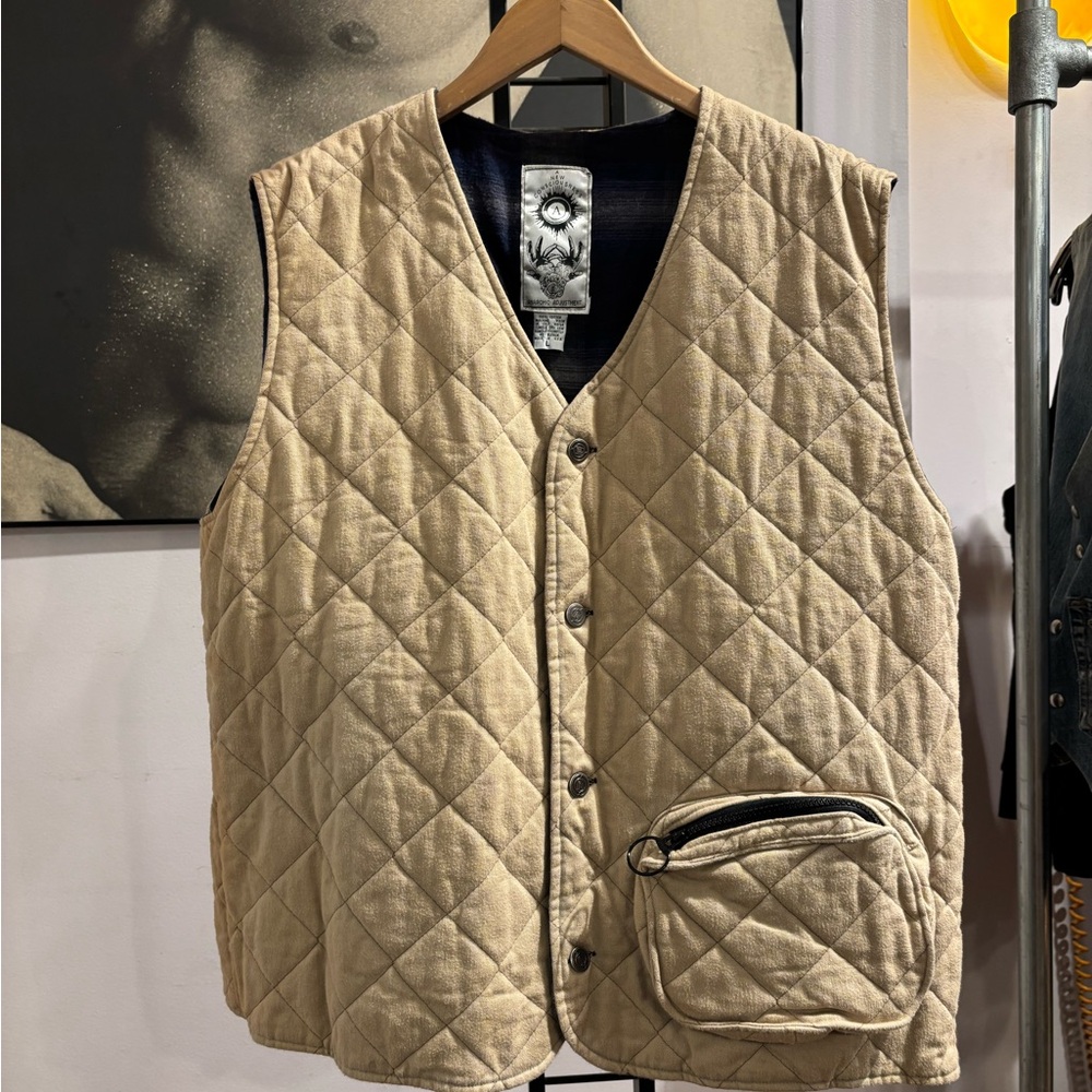 Anarchic Adjustment Quilted Beige Vest with Pocket 90s Vintage L